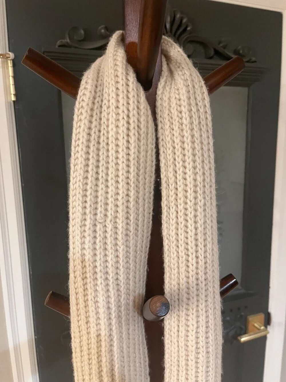 Lauren Ralph Lauren Cream Sparkle Knit Scarf Fringe 100% Wool